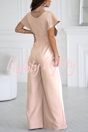 Solid Color V-neck Waist Casual Wide-leg Jumpsuit