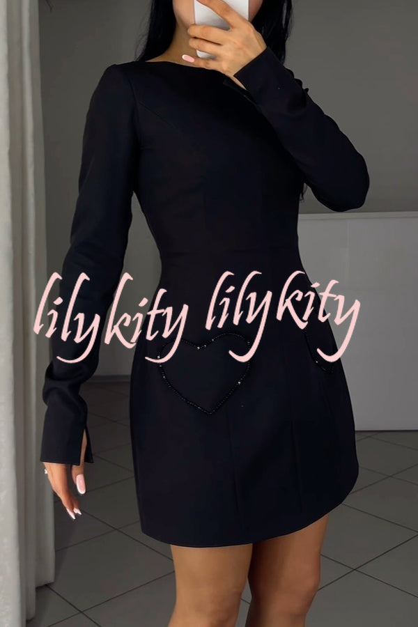 Anna Sparkling Gemstone Trim Heart Pocket Long Sleeve Mini Dress