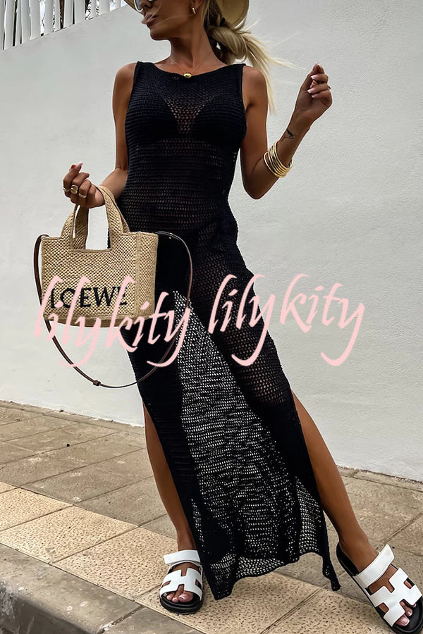 Solid Color Knitted Cutout Slit Slim Fit Maxi Dress