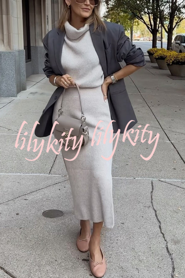 Book Club Knit Turtleneck Cap Sleeve Slit Sweater Midi Dress