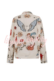 Angel Wings Denim Unique Print Button Up Long Sleeve Pocketed Relaxed Jacket