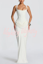 Larrah Square Neck Back Lace-up Satin Drape Hem Maxi Dress