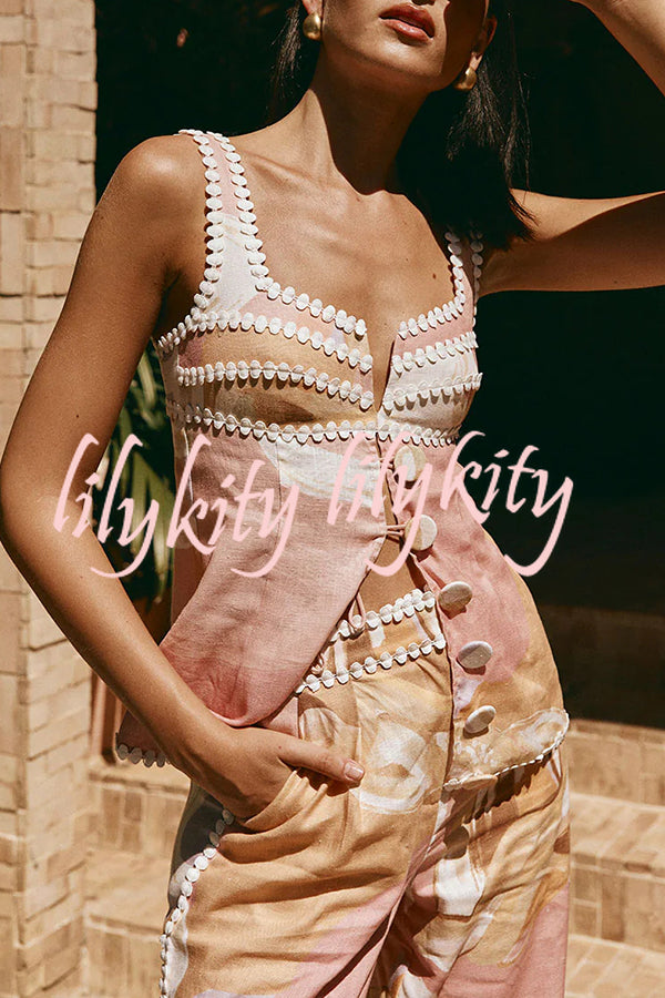 European Summer Linen Blend Ric Rac Trims Unique Print Button Tank