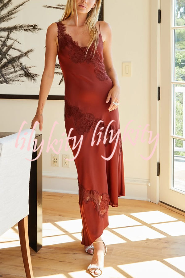 Sexy Lace Stitching Suspender V-neck Asymmetrical Maxi Dress