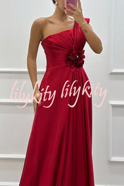 Nasha Satin Pleated One Shoulder Petal Gemstone Detail Pocket Slit Maxi Dress