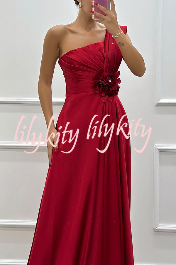 Nasha Satin Pleated One Shoulder Petal Gemstone Detail Pocket Slit Maxi Dress