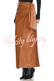 Snappy Casual Slay Faux Leather High Rise Wrap Tie-up Stretch Maxi Skirt