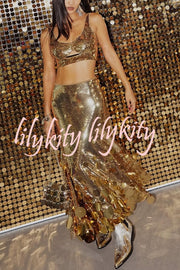 Party Sequin Button Crop Tank and Irregular Round Sequin Tassels Hem Maxi Skirt Set