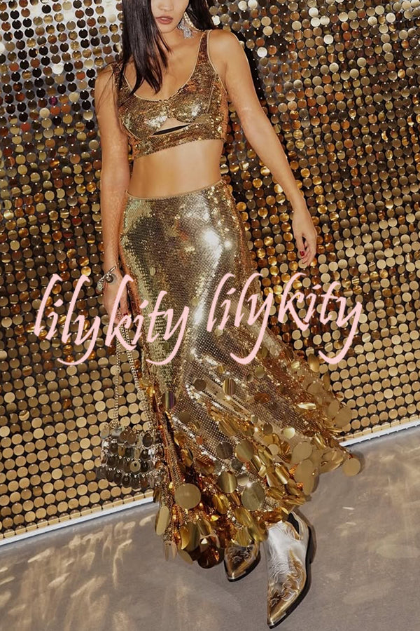 Party Sequin Button Crop Tank and Irregular Round Sequin Tassels Hem Maxi Skirt Set