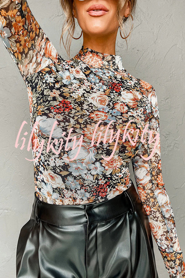 Floral Print Turtleneck Long Sleeve Stretch Bottoming Shirt