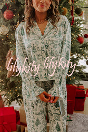 Christmas Night Satin Loose Shirt and Elastic Waist Pocketed Pajama Set