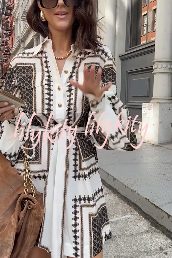 Hildie Unique Print Epaulettes Long Sleeve Flap Pockets Tie-up Waist Shirt Mini Dress
