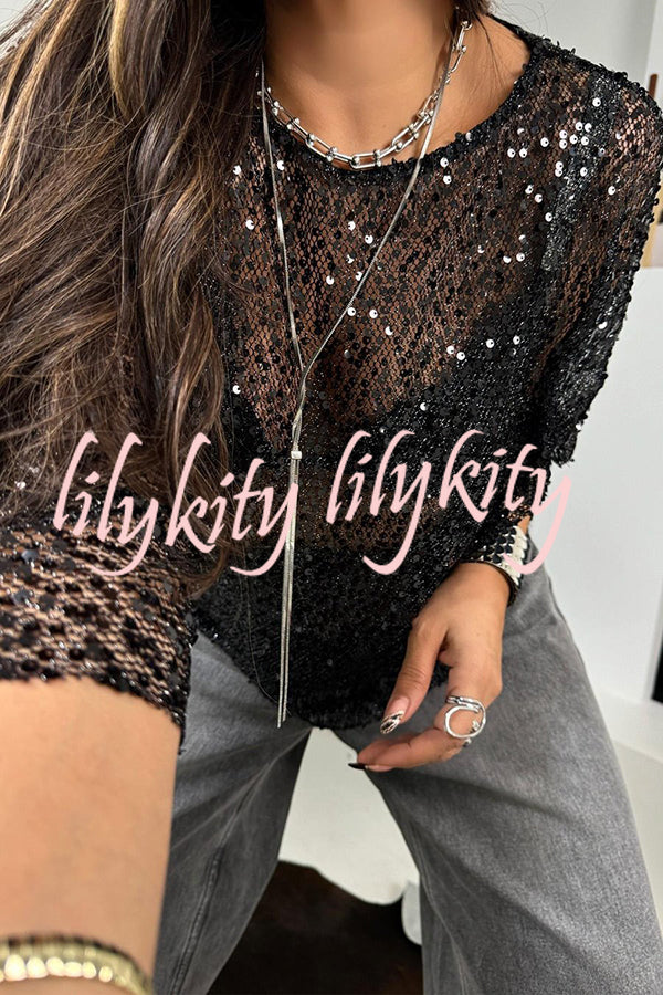 Shine Everywhere Sequin Mesh Half Sleeve Shift Blouse