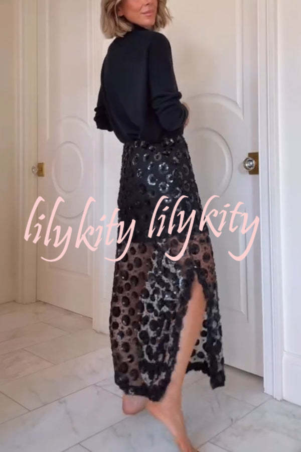Gorgeous Flower Embellished Sequin Sheer High Rise Slit Midi Skirt