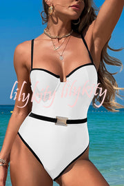 Fashionable Contrast-color Overlock Stretch One-piece Swimsuit