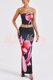 Allegra Abstract Floral Print Stretch Strapless Tank and Elastic Waist Maxi Skirt Set