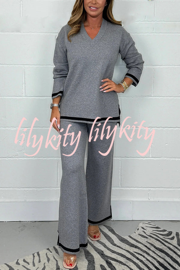 Solid Color V-neck Long-sleeved Loose Top and Elastic Waist Wide-leg Pants Set