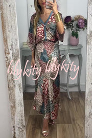 Harlen Satin Unique Printed Loose Shirt Top and Elastic Waist Maxi Skirt Set