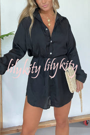 Solid Color Long Sleeve Button Casual Shirt-Style Rompers