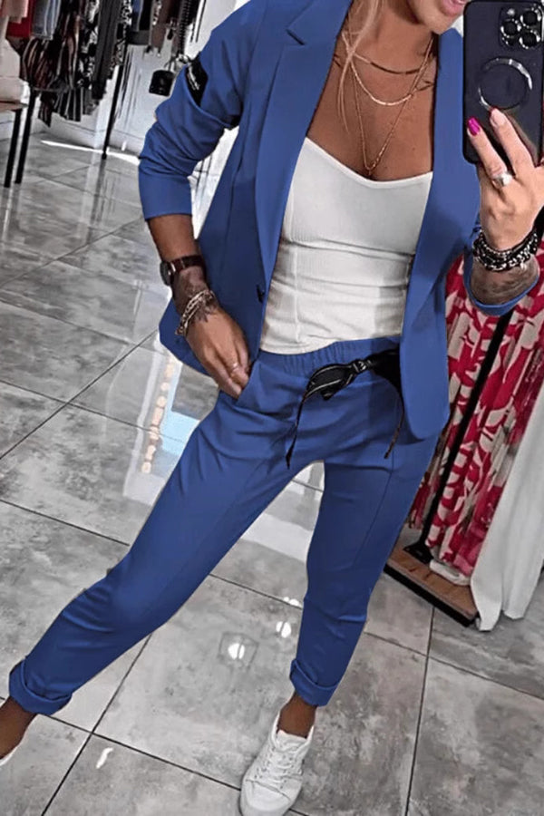 Smart Casual Lapel Blazer and Elastic Waist Tie Pocket Pants Set