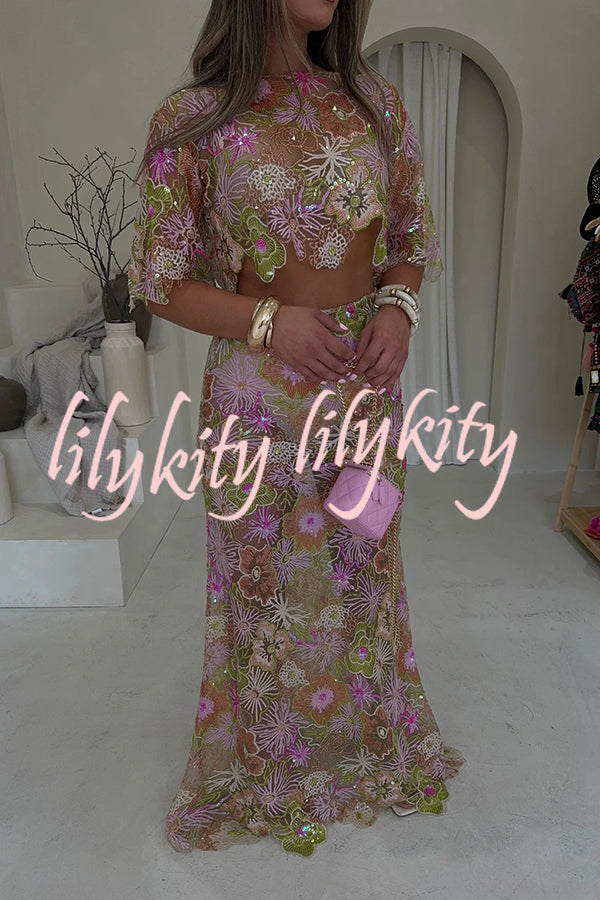 Fashionable Embroidered Flower Sequined Crop Top and Elegant Sheer Maxi Skirt Set