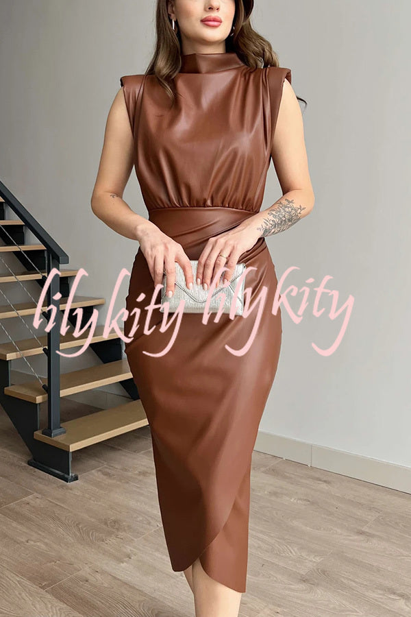 Elouise Faux Leather Turtleneck Shoulder Pads Ruched Slit Midi Dress