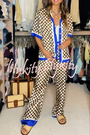 Olivia Satin Checkerboard Colorblock Print Shirt and Elastic Waist Pocketed Loose Pants Set