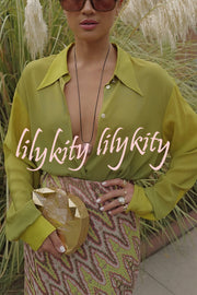 Moonlit Waltz Gradient Print Button Up Long Sleeve Loose Blouse