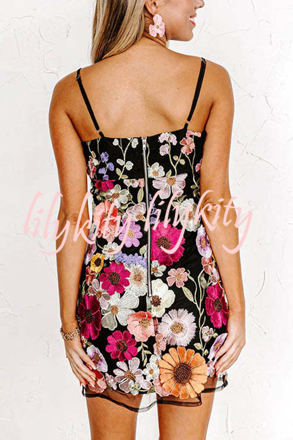 Dream World Embroidered Floral Applique Adjustable Straps Mini Dress