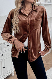 Solid Color Velvet Casual Lapel Pocket Loose Shirt