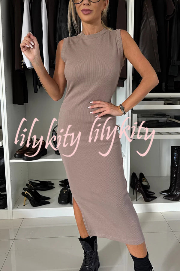 Lifestyle Wide Neck Relaxed Sweatshirt and Ribbed Tank Stretch Midi Dress Set