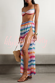 Colorful Zigzag Pattern Halter Neck Stretch Bikini and Elastic Waist Slit PantsThree-Piece Set