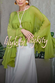 Romantic Journey Chiffon Ruffle Batwing Sleeve Top and Elastic Waist Pocket Loose Pants Set
