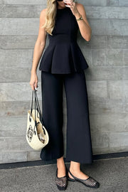 Solid Color Round Neck Sleeveless Casual Top and Loose Straight Pants Set