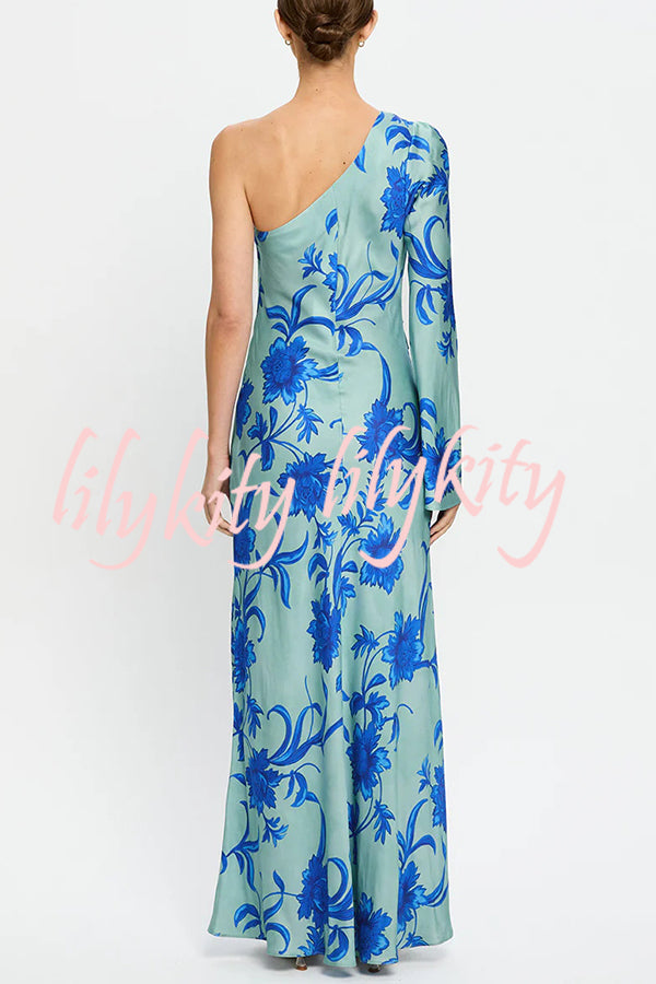 Satin Botanical Print One-Sleeve Resort Maxi Dress