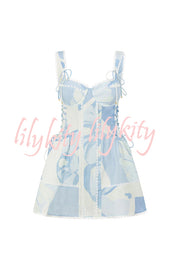 Avere Linen Blend Unique Print Scallop Trim Side Lace-up Mini Dress