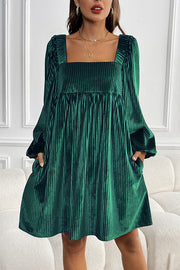 Solid Color Velvet Square Neck Long Sleeve Pocket Casual Mini Dress