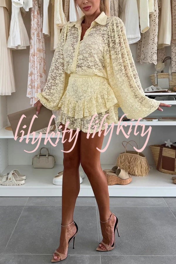 Nicola Lace Long Balloon Sleeve Blouse and Elastic Waist Layered Skort Set