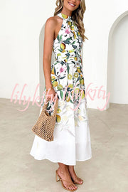 Floral Print Halterneck Tie Zip Smocked Maxi Dress