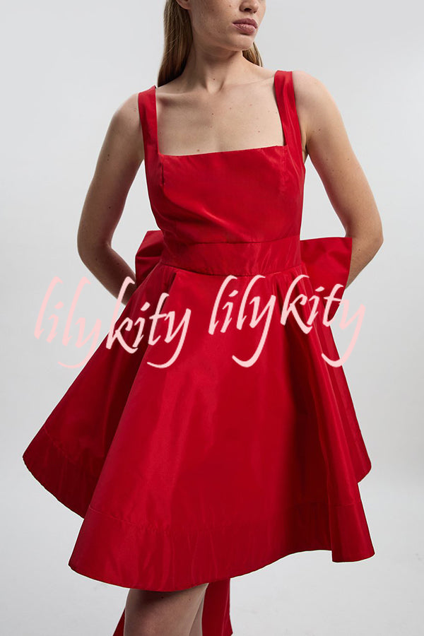 Red Drama Taffeta Square Neck Back Oversized Bow Pocket Mini Dress