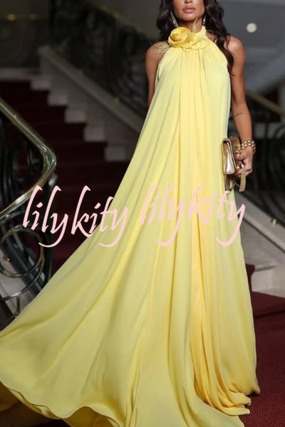 Sunny Horizon Chiffon Flower Feather Pendant Halter Backless Maxi Dress