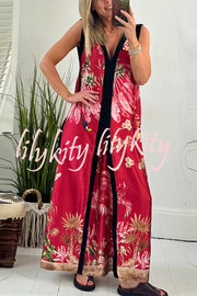 Vanna Unique Tropical Print Black Patchwork Detail A-line Maxi Dress