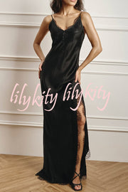 Elegant Splicing Lace Suspenders V-neck Sexy Slit Maxi Dress