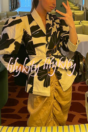 Sunny Sangria Unique Printed Puff Sleeve Waist Tie Lapel Jacket