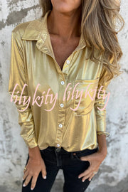 Holiday Look Solid Metallic Loose Pocket Button-down Blouse