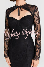 Mylene Lace Corset Cut Sweetheart Tie-up Neck Sheer Long Sleeve Slit Midi Dress