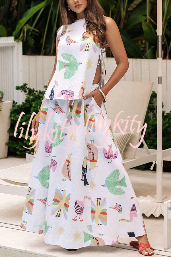 Island Paradise Linen Blend Unique Print Tie-up Slit Tank and Elastic Waist Pocketed Maxi Skirt Set