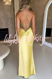 Satin Solid Color Sexy Backless Lace Up High Slit Maxi Dress