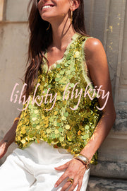 Fashionable Sequined Round Neck Sleeveless Loose Vest