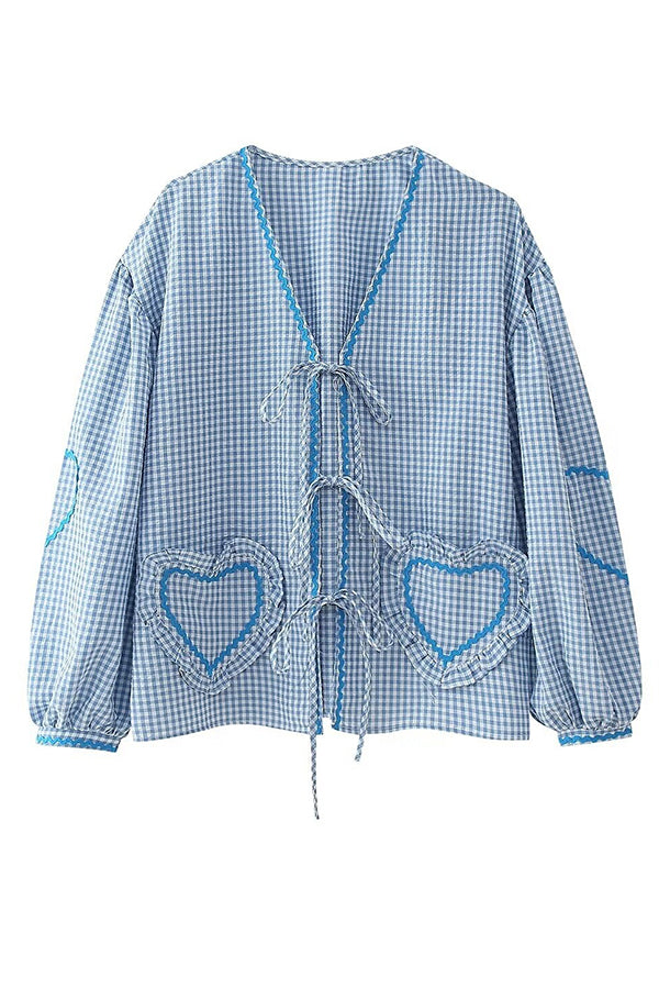 Lovely Plaid Heart Pattern Casual Lace-up Pocket Loose Shirt